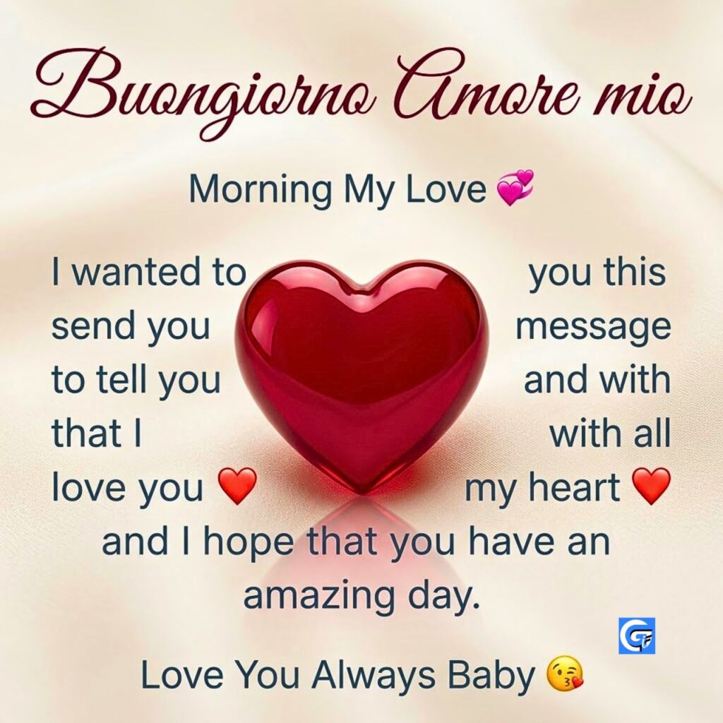 Un grande cuore rosso 3D, piccoli cuori ed emoji con testo italiano e inglese di buongiorno e amore