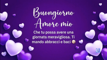 Banner viola con cuori perlati e testo Buongiorno Amore mio con bacio