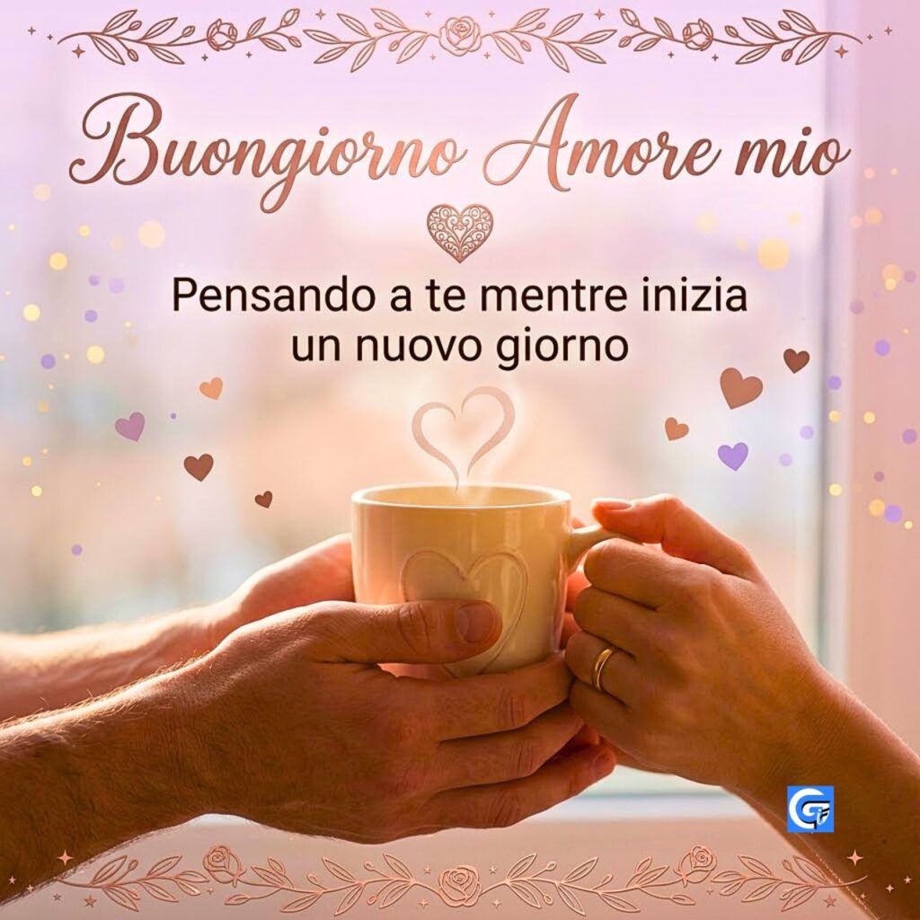 Mani che tengono tazza di caff&egrave; con cuore e testo Buongiorno Amore mio.