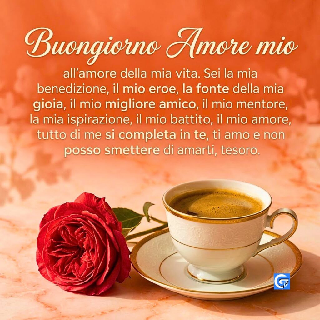 Rosa rossa e caff&egrave; espresso con testo "Buongiorno Amore mio all'amore della mia vita".