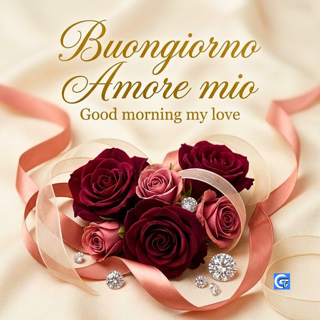 Rose rosse vellutate, diamanti scintillanti e nastri di seta rosa con dedica d'amore.