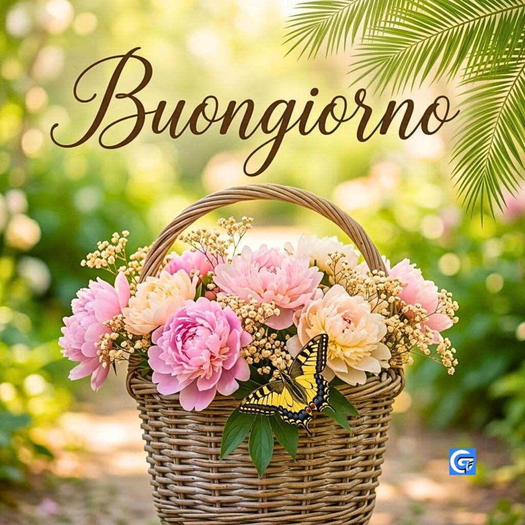 Un cesto rustico con peonie rosa, una farfalla Swallowtail e il testo Buongiorno.