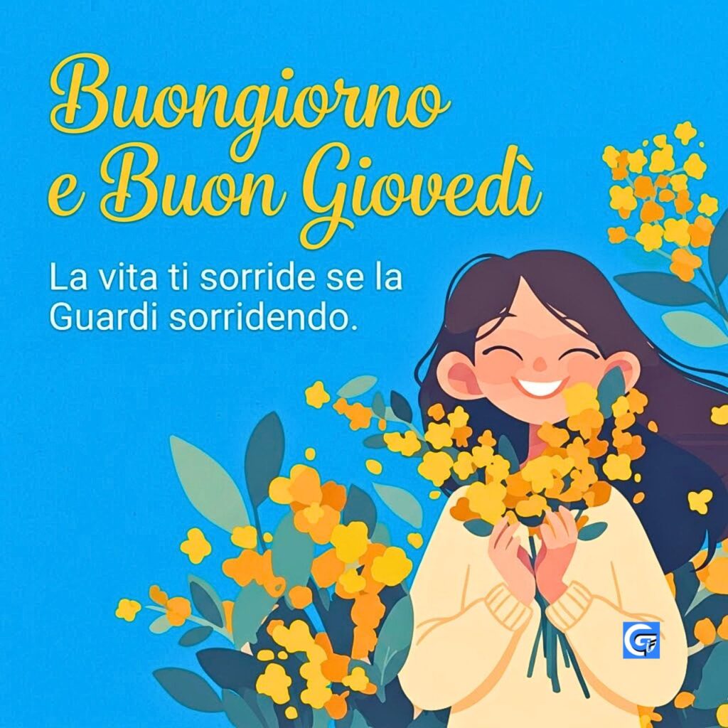 Illustrazione di donna con mimosa e testo Buongiorno e Buon Gioved&igrave; in stile piatto.