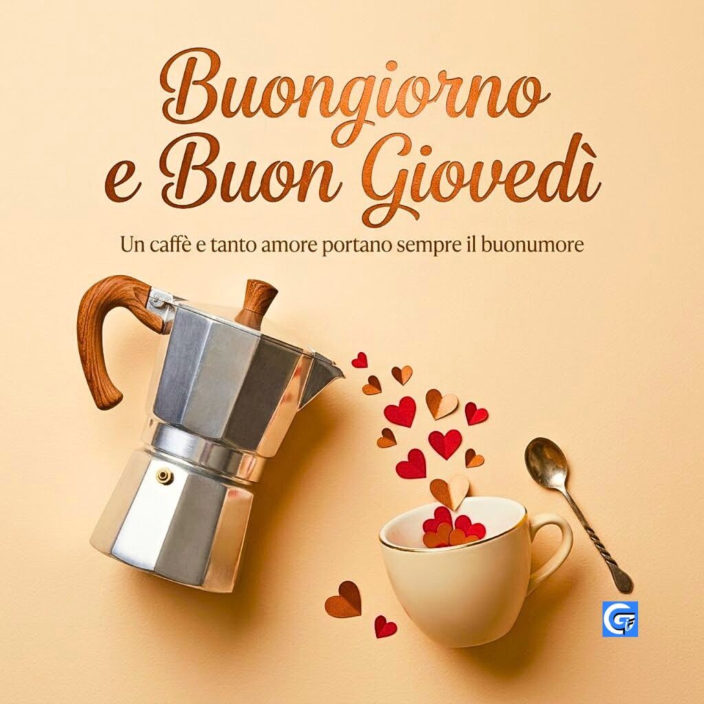 Moka, tazza, cuori rossi e dorati, con testo 'Buongiorno e Buon Gioved&igrave;' e 'Un caff&egrave; e tanto amore portano sempre il buonumore'.