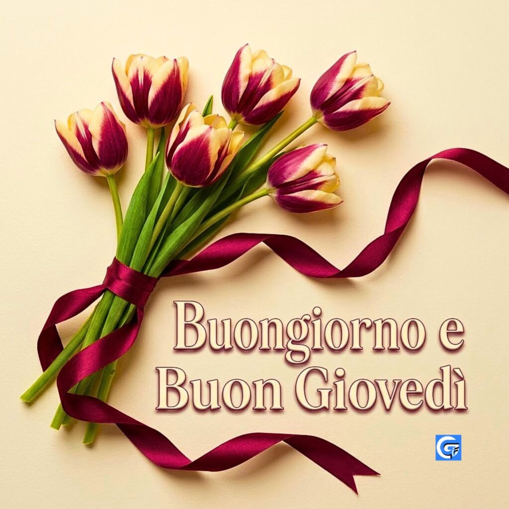 Mazzietto di tulipani bicolori con nastro bordeaux e testo Buongiorno e Buon Gioved&igrave;