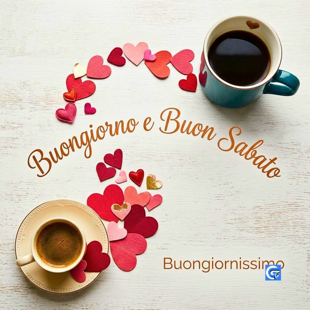 Due tazze caff&egrave; con scia di cuori colorati, testo Buongiorno e Buon Sabato, Buongiornissimo.