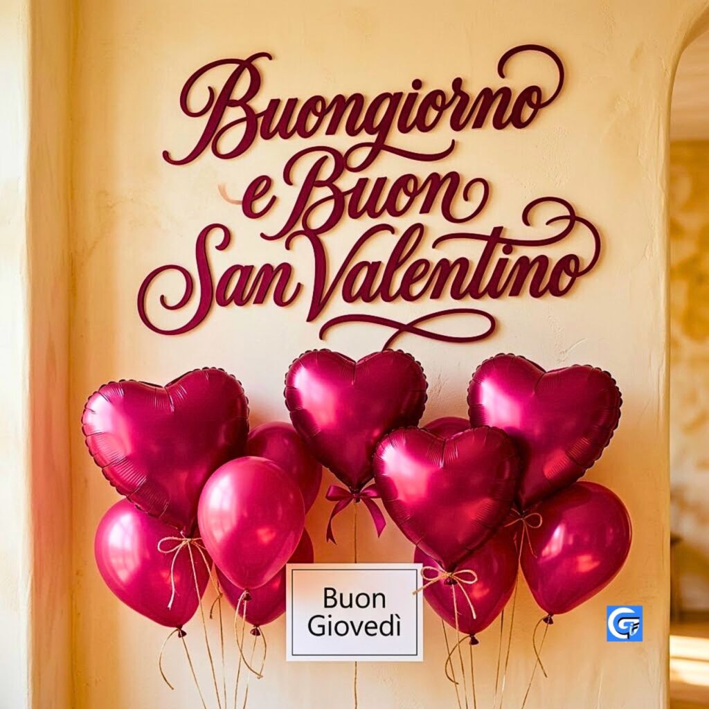 Palloncini a cuore con scritte "Buongiorno e Buon San Valentino" e "Buon Gioved&igrave;".