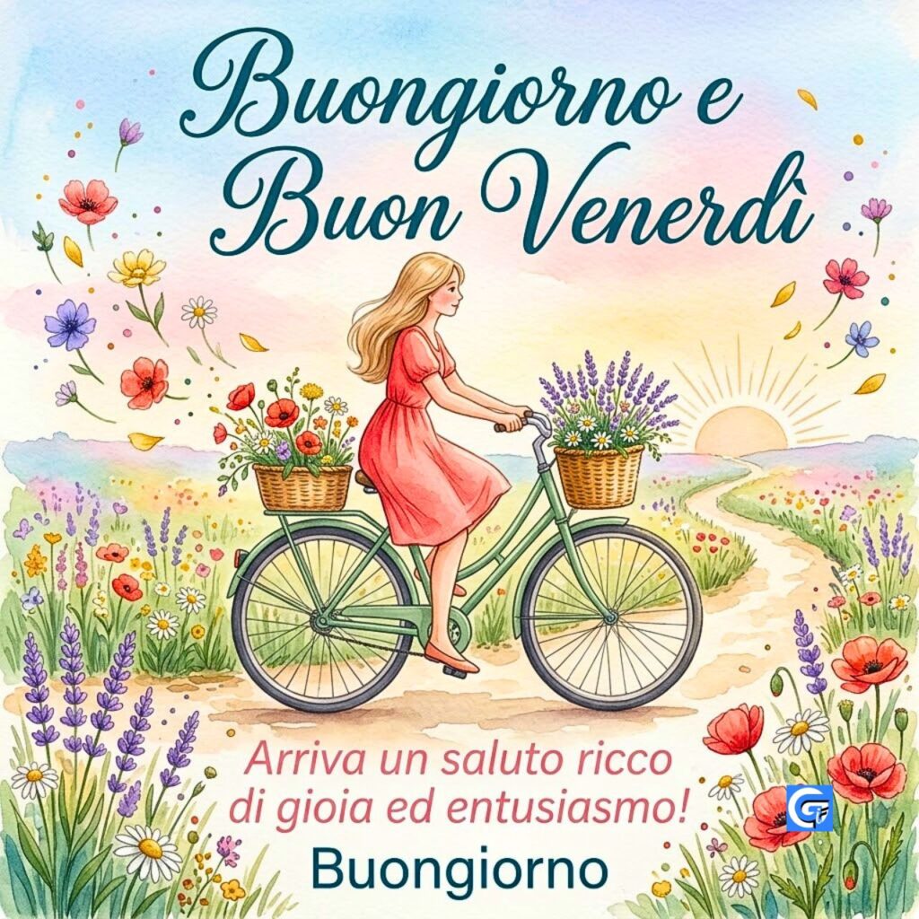 Donna in bicicletta con fiori e testo Buongiorno e Buon Venerd&igrave;.