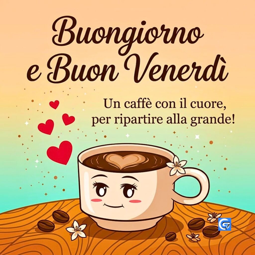 Tazza caff&egrave; animata con cuore e testo Buongiorno e Buon Venerd&igrave;.