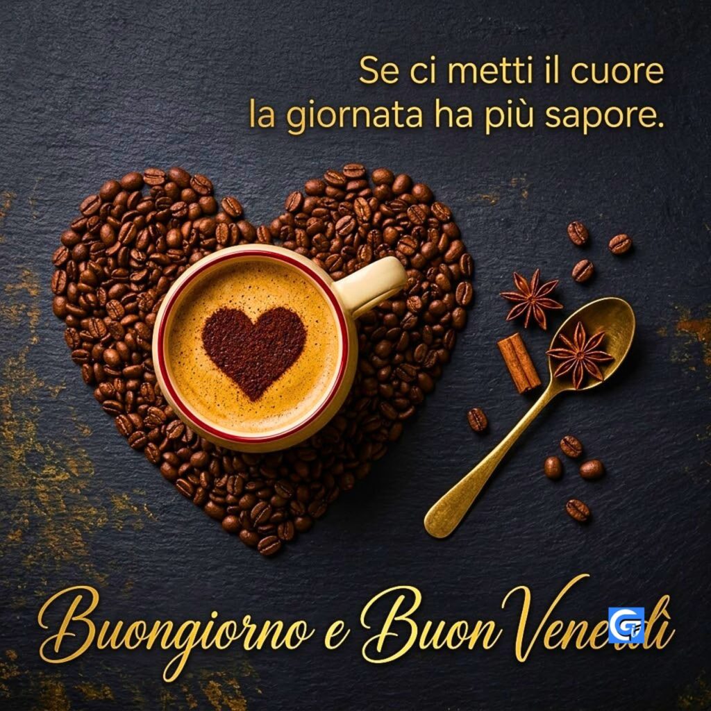 tazza di caff&egrave; con cuore di cacao su cuore di chicchi su ardesia con testo buongiorno e buon venerd&igrave;