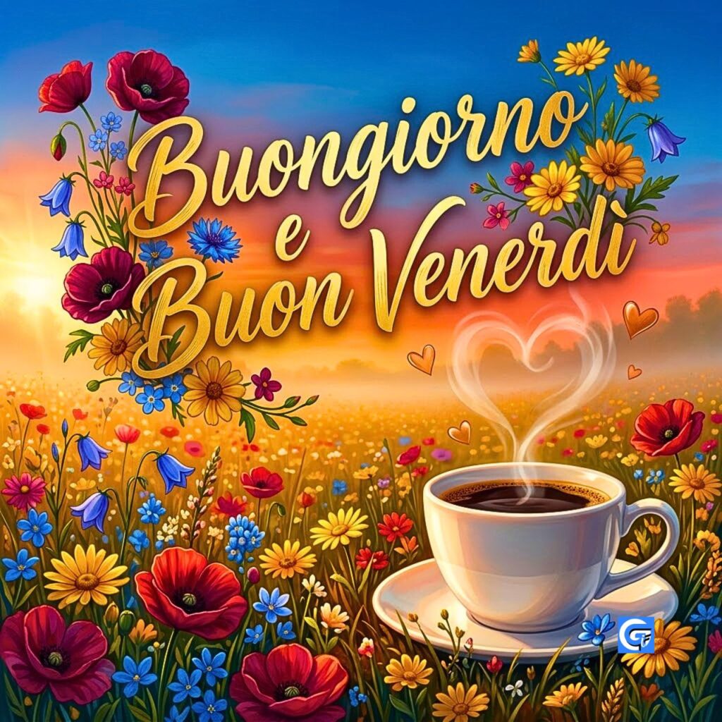 Tazza di caff&egrave; in un campo di fiori selvatici con il testo dorato 'Buongiorno e Buon Venerd&igrave;'