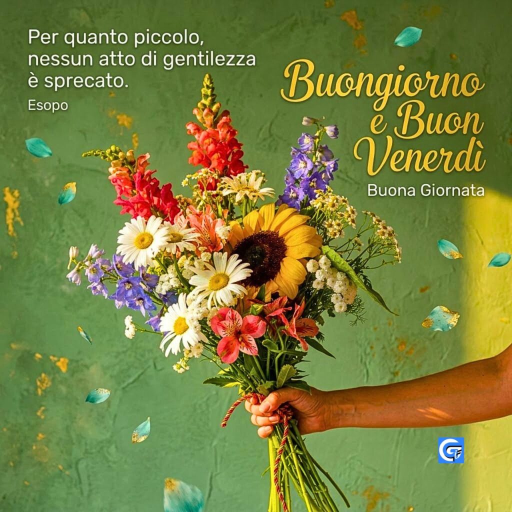 Mano che tiene un bouquet di girasoli e margherite con testo Buongiorno e Buon Venerd&igrave;.