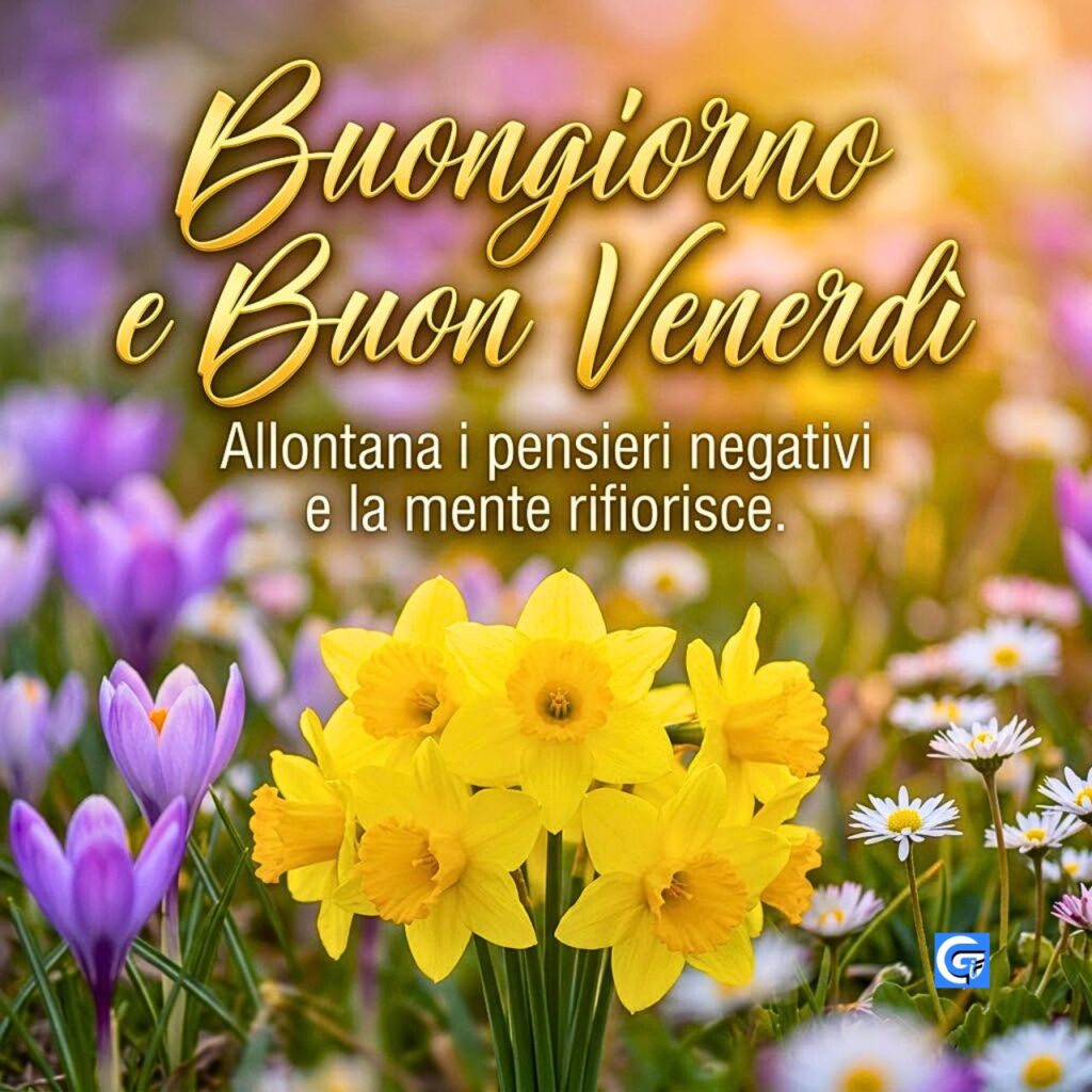 Primo piano di un cluster di fiori di narciso giallo e arancione a fuoco con testo gold script Buongiorno e Buon Venerd&igrave; e frase clean Allontana i pensieri negativi.