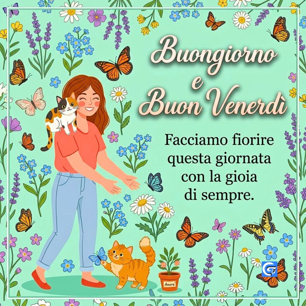 Ragazza sorridente con gatti tra fiori e farfalle con testo Buongiorno e Buon Venerd&igrave;.
