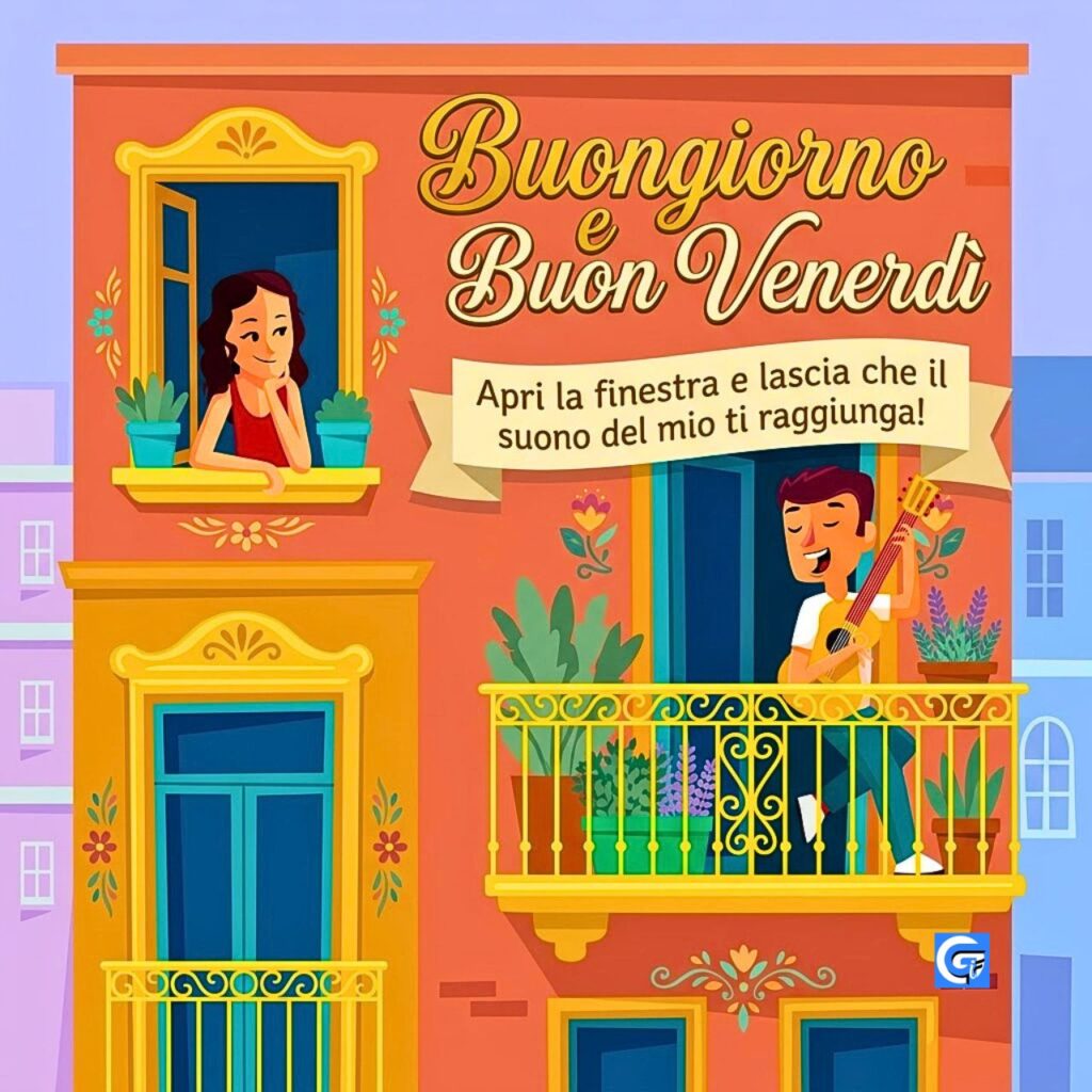 Donna a finestra e uomo su balcone che suona chitarra per serenata del buongiorno