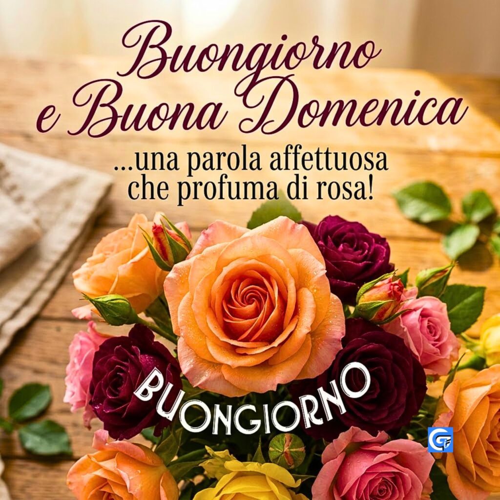 Bouquet di rose miste (pesca, rosse, rosa, gialle) su tavolo di legno rustico con scritte "Buongiorno e Buona Domenica" e "BUONGIORNO".