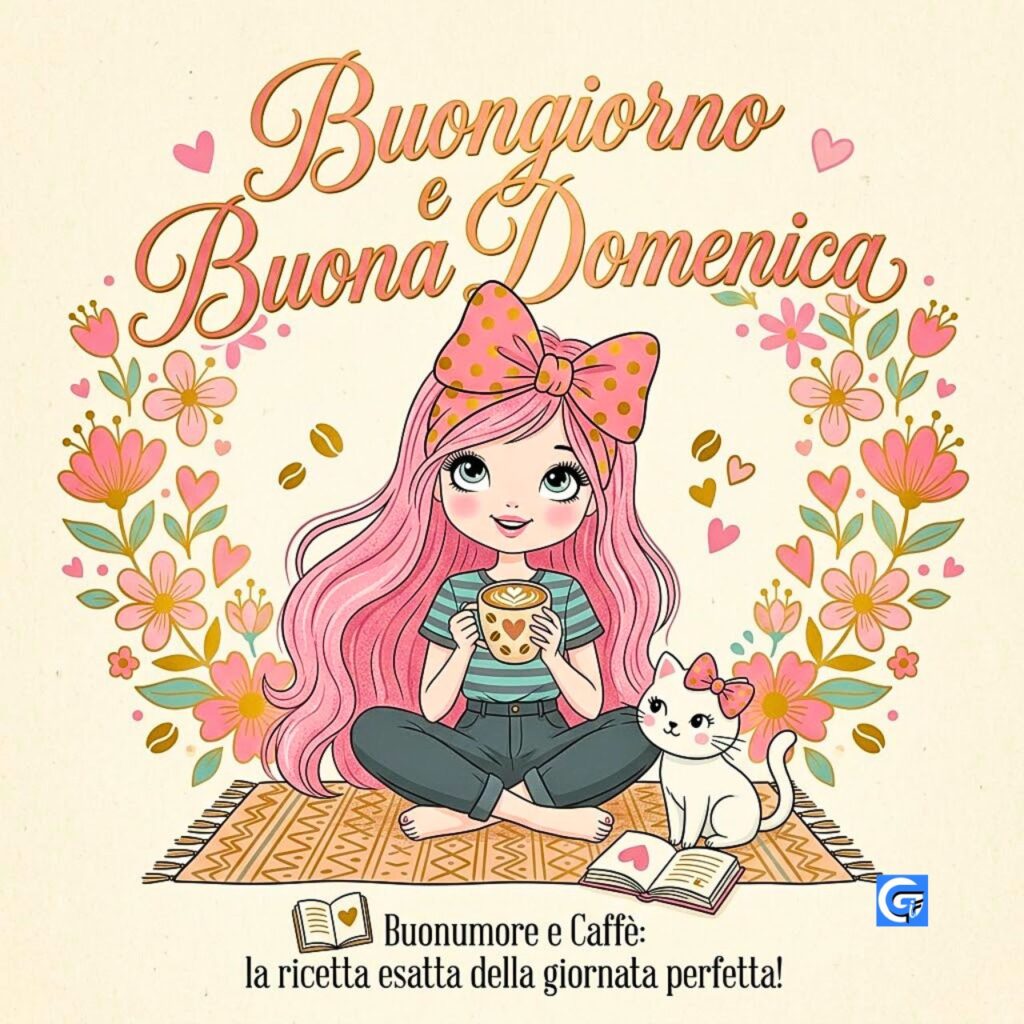 Buongiorno e Buona Domenica, illustrazione vettoriale ragazza con gatto, tazza di caffè, ricetta giornata perfetta