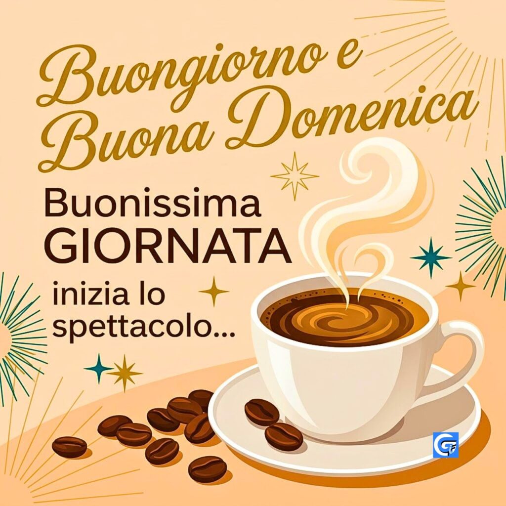 Tazza di caffè vettoriale fumante, cuore nella crema, chicchi sparsi, stelle, testo 'Buongiorno e Buona Domenica'.