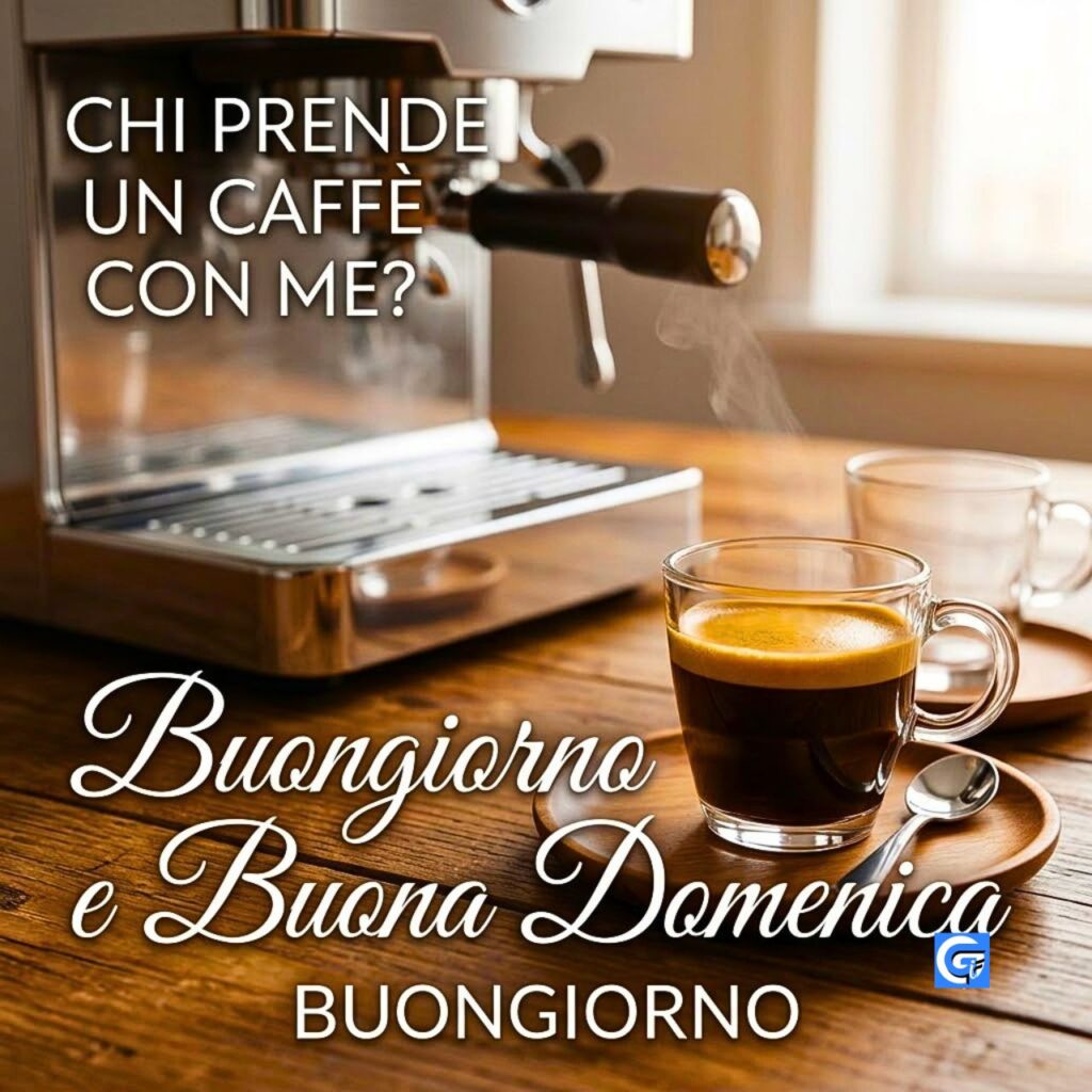 Macchina per espresso e tazze di caffè con testo "Buongiorno e Buona Domenica".