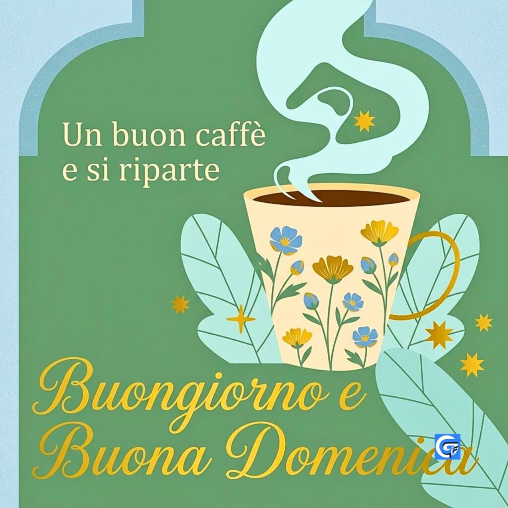 Una tazza di caffè con fiori e testo Buongiorno e Buona Domenica
