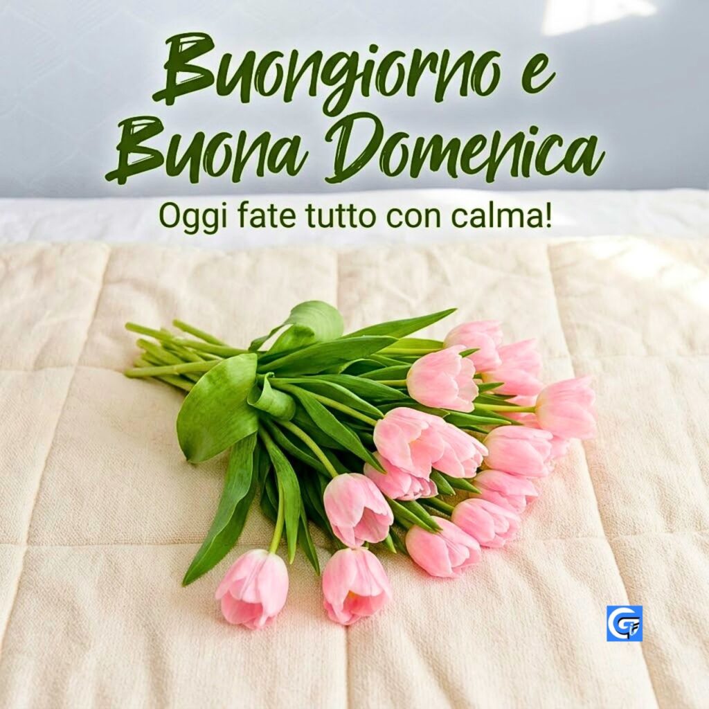 Un letto soffice con un bouquet di tulipani rosa adagiato sopra e le parole 'Buongiorno e Buona Domenica' e 'Oggi fate tutto con calma!' scritte in verde.