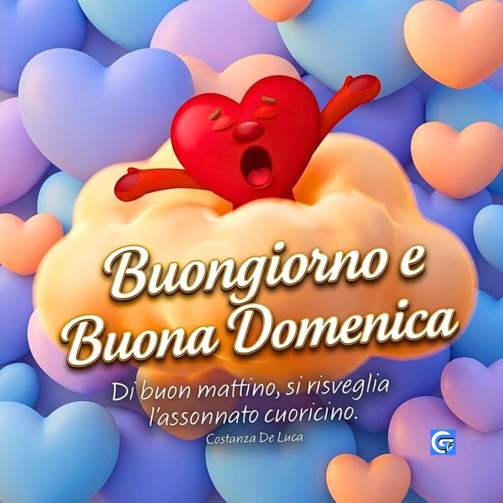 Cuoricino assonnato sbadiglia su nuvola dorata con testo Buongiorno e Buona Domenica.