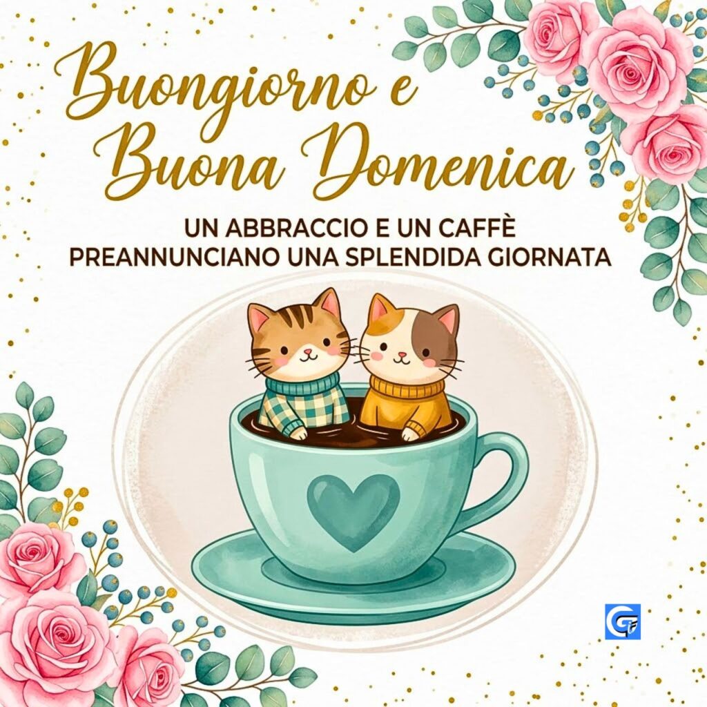 Gattini in tazza caffè con testi Buongiorno e Buona Domenica e frase giornata splendida.