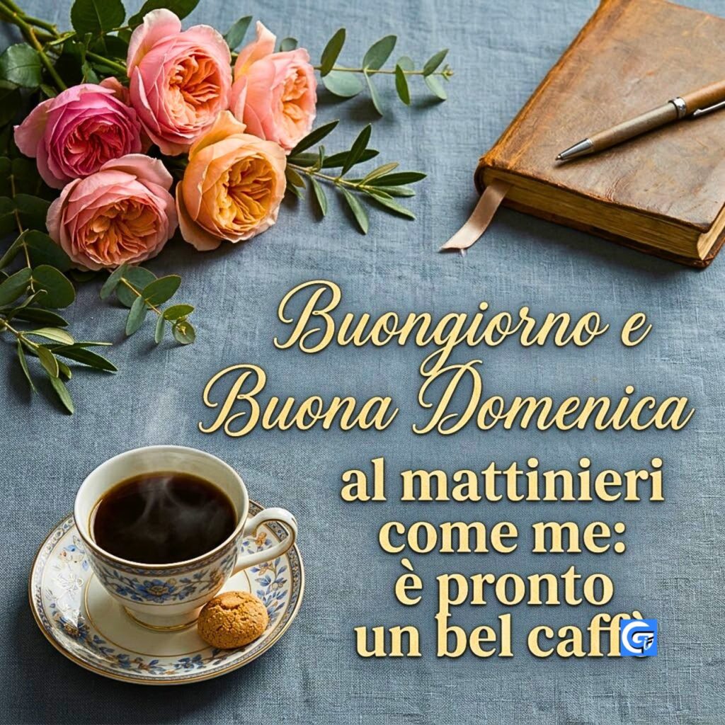 Buongiorno e Buona Domenica, testo 'al mattinieri come me: è pronto un bel caffè', rose e caffè