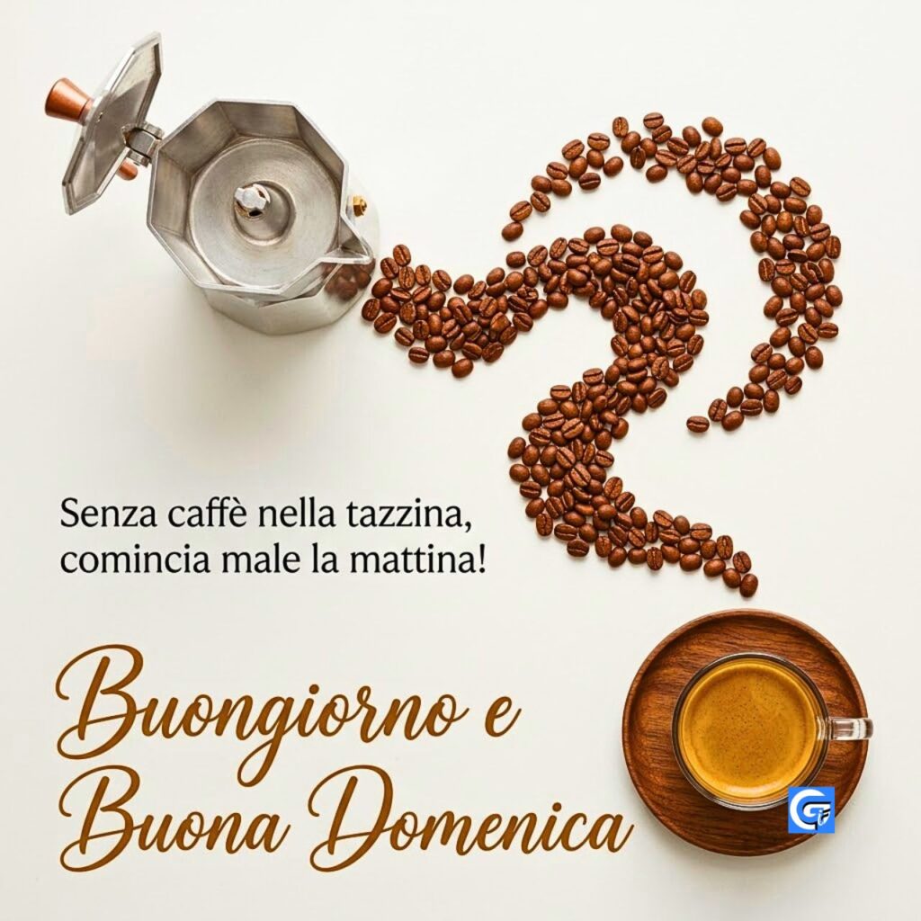Moka e tazzina con testo: senza caffè comincia male la mattina, Buongiorno e Buona Domenica.