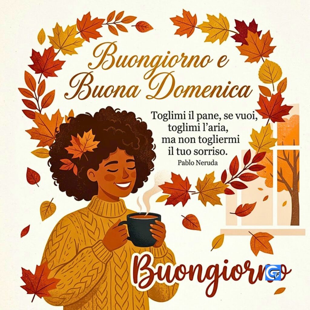 Illustrazione autunnale di una donna con caffè, citazione di Pablo Neruda e auguri di Buona Domenica.