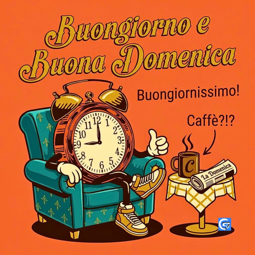 Sveglia retrò su poltrona con caffè fumante e testo Buongiorno e Buona Domenica