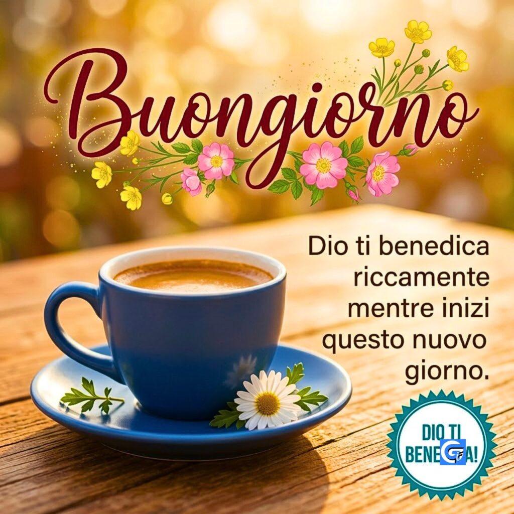 Tazza di caffè blu con Buongiorno, benedizione divina e fiori selvatici su tavolo di legno.
