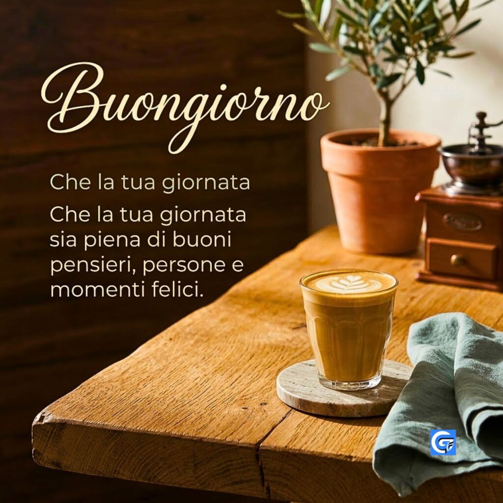 Bicchiere di vetro caffè latte art Buongiorno buoni pensieri legno rustico.