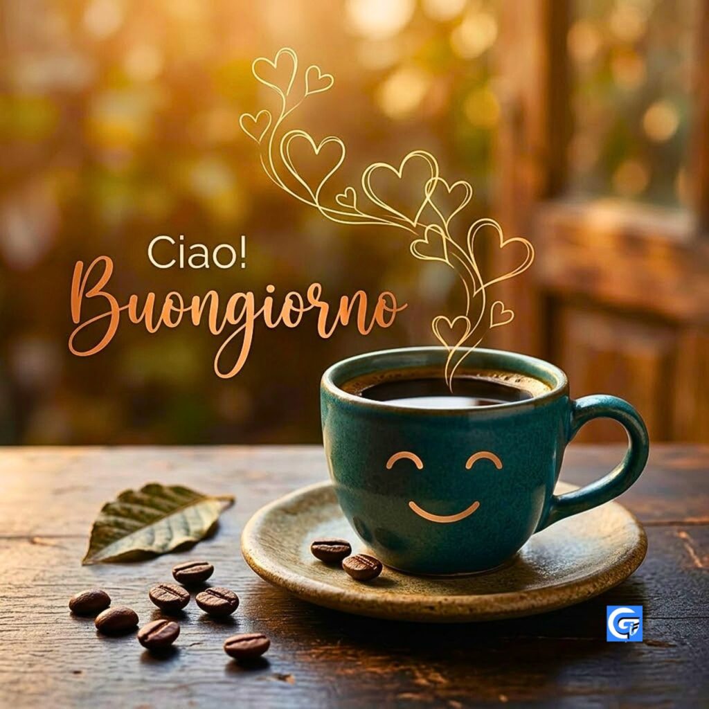 Tazza di caffè blu sorridente, cuori di vapore e testo Ciao! Buongiorno.