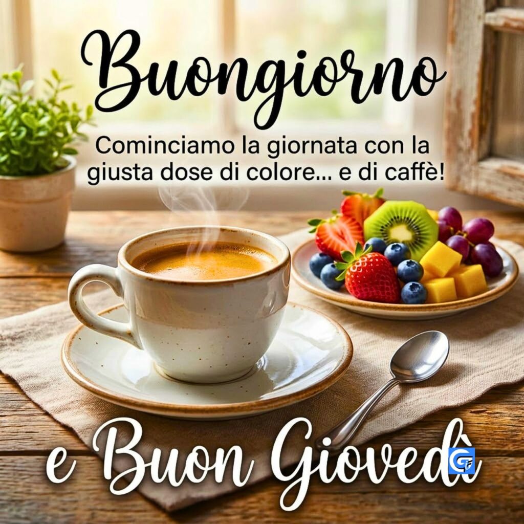 Una tazza di caff&egrave; fumante con frutta fresca su un tavolo di legno e il testo "Buongiorno, e Buon Gioved&igrave;"