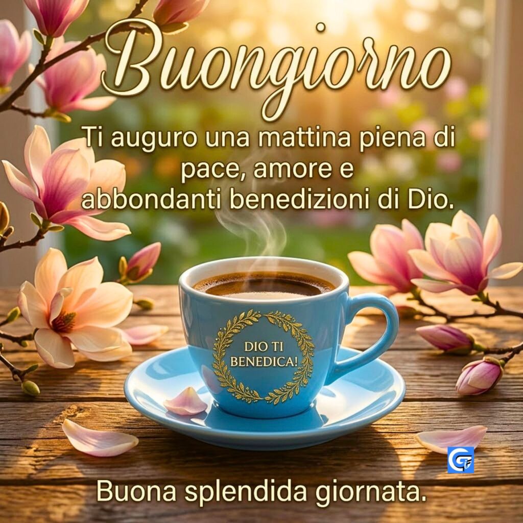 Una tazza di caffè blu-cielo con "DIO TI BENEDICA!" su un tavolo di legno d'olivo, circondata da magnolie e i testi "Buongiorno" e "Buona splendida giornata."