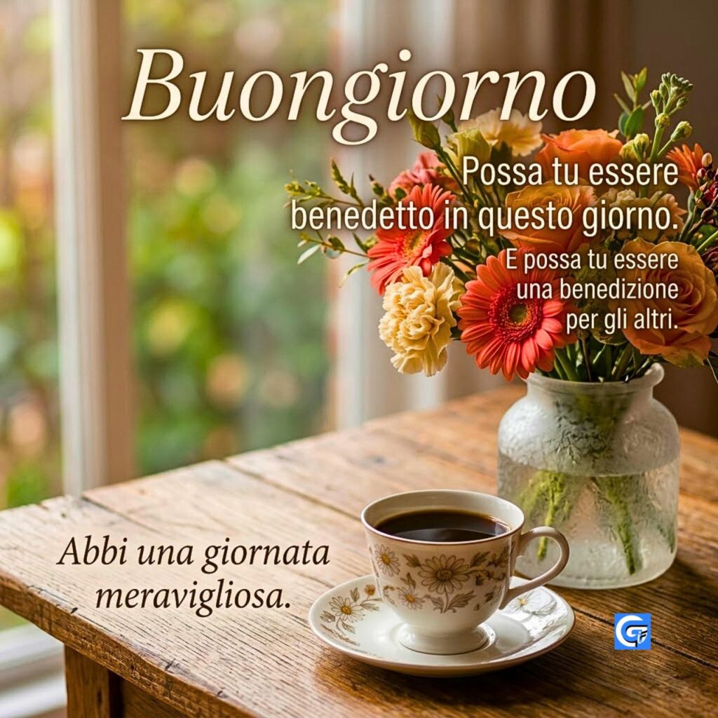 Tazza di caffè bianca, vaso di gerbere corallo e rose pesca su tavolo in legno con testo Buongiorno e benedizioni in italiano.