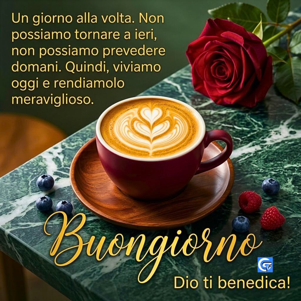 Tazza di caffè con cuore latte art su marmo con rosa crimson e testo Buongiorno.