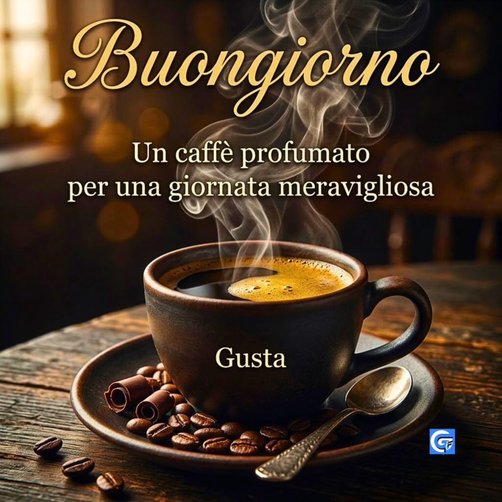 Tazza di caffè fumante con chicchi e cioccolato su tavolo di legno rustico e testo Buongiorno.