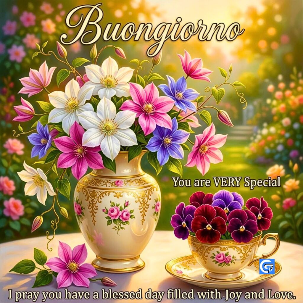 Vaso crema-oro con clematis fiorite, tazza con pans&eacute; e testo Buongiorno.