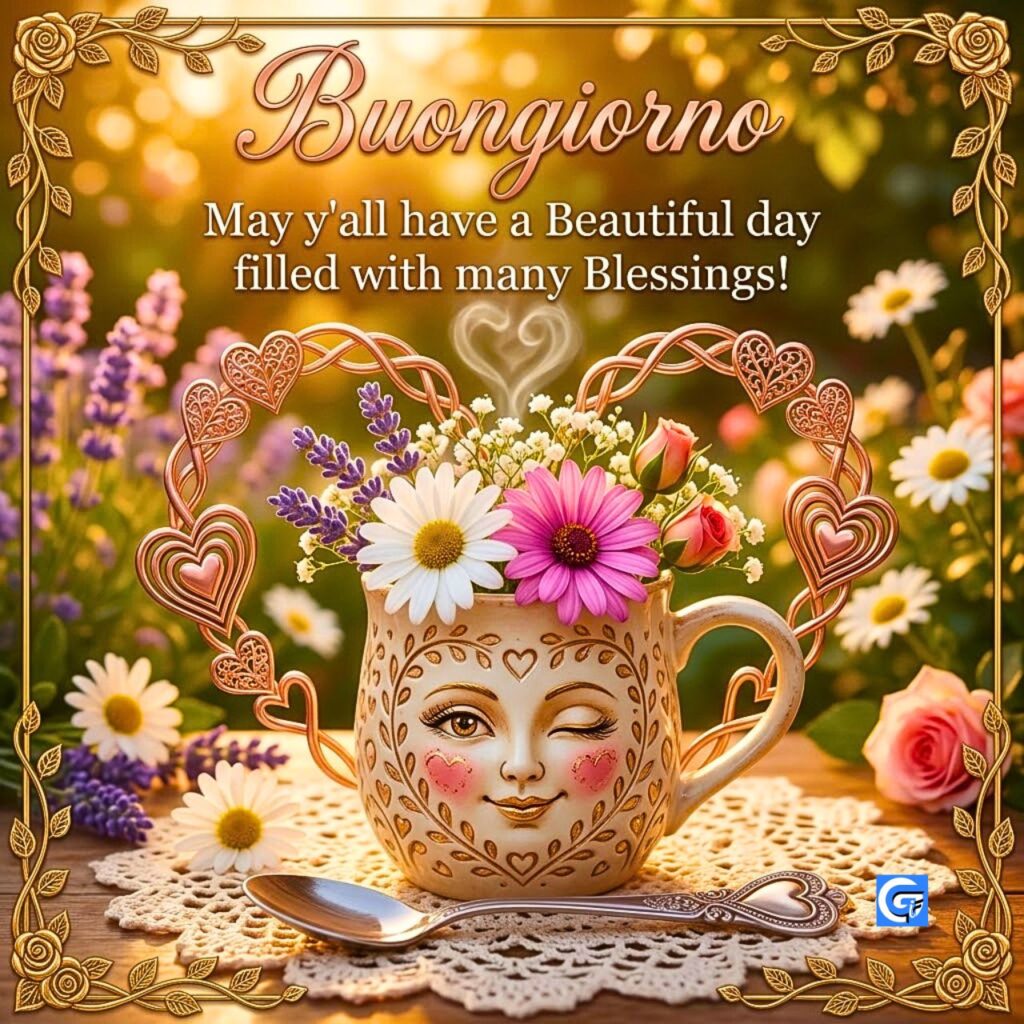Tazza sorridente con bouquet floreale in cornice di cuori dorati e scritta Buongiorno