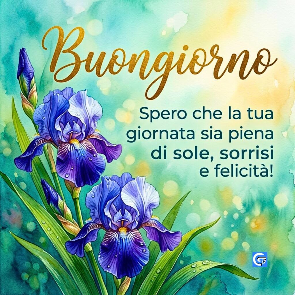 Iridi blu e viola dipinte a acquerello con testo 'Buongiorno' e un augurio di felicit&agrave;.