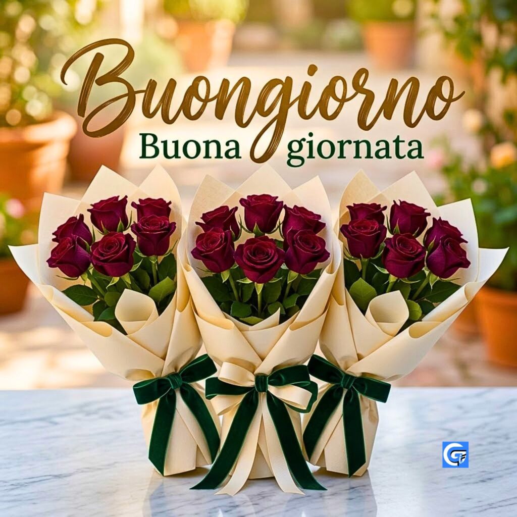 Tre bouquet di rose burgundy e un nastro verde con testo Buongiorno
