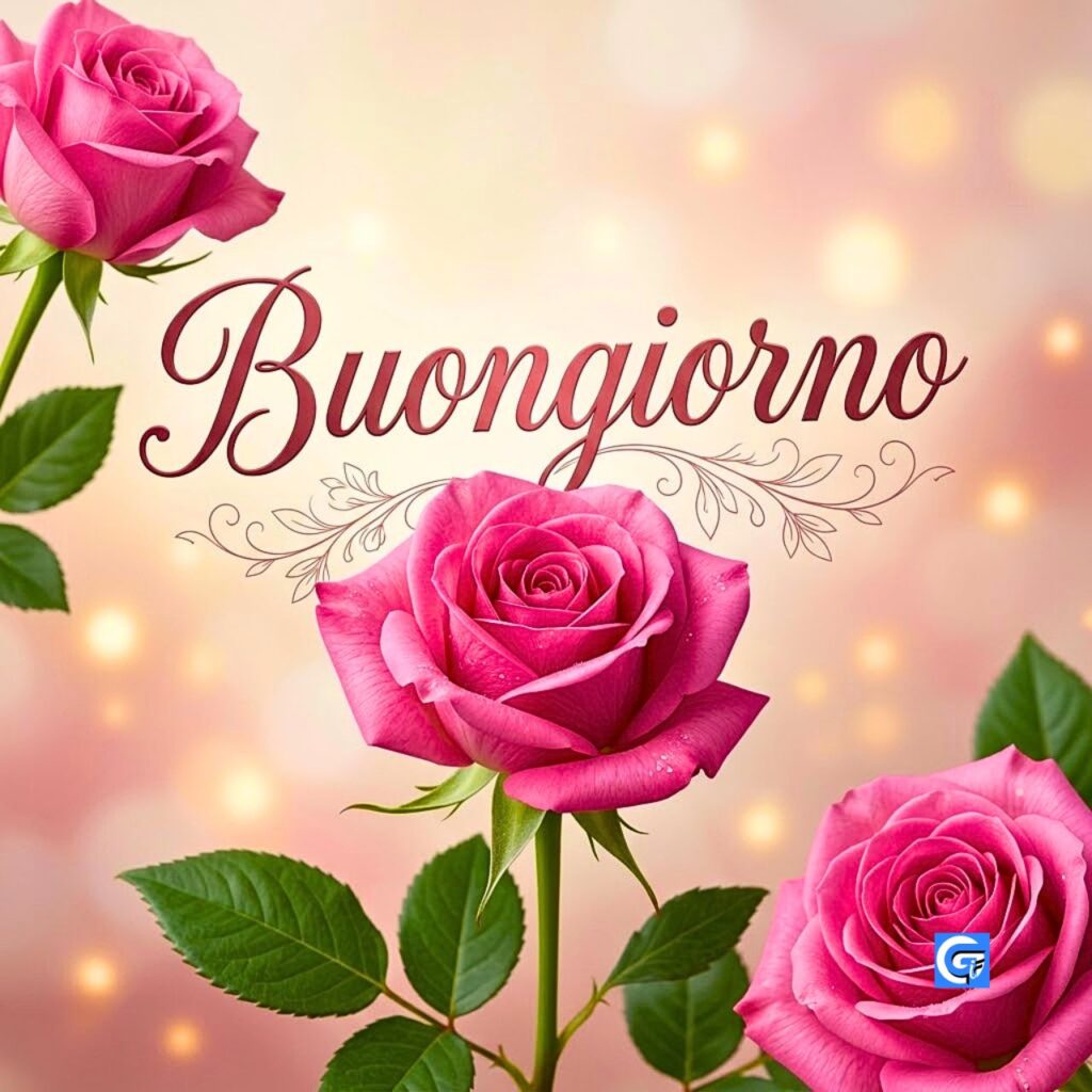 Tre rose rosa fresche circondano un elegante testo 'Buongiorno' su sfondo luminoso sfocato.