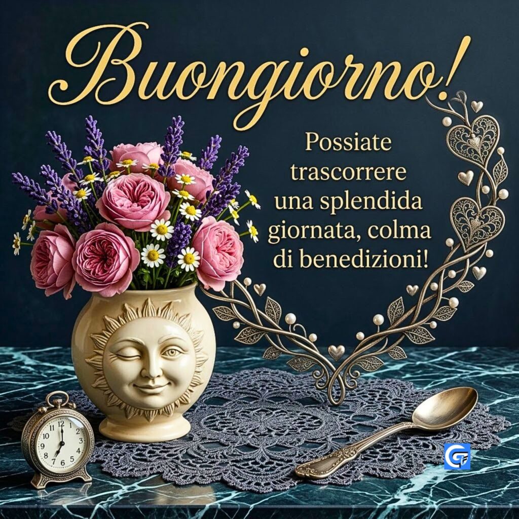 Scritta 'Buongiorno!' con benedizioni, rose pink, lavanda, cuore perlato e orologio d'epoca.