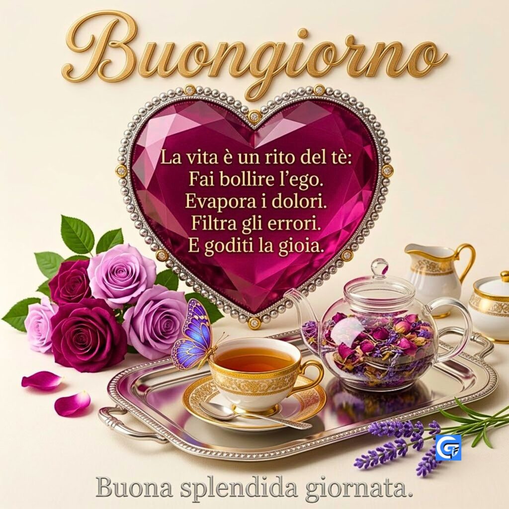Testo dorato Buongiorno, gemma cuore con poesia, servizio da tè con farfalla e rose.