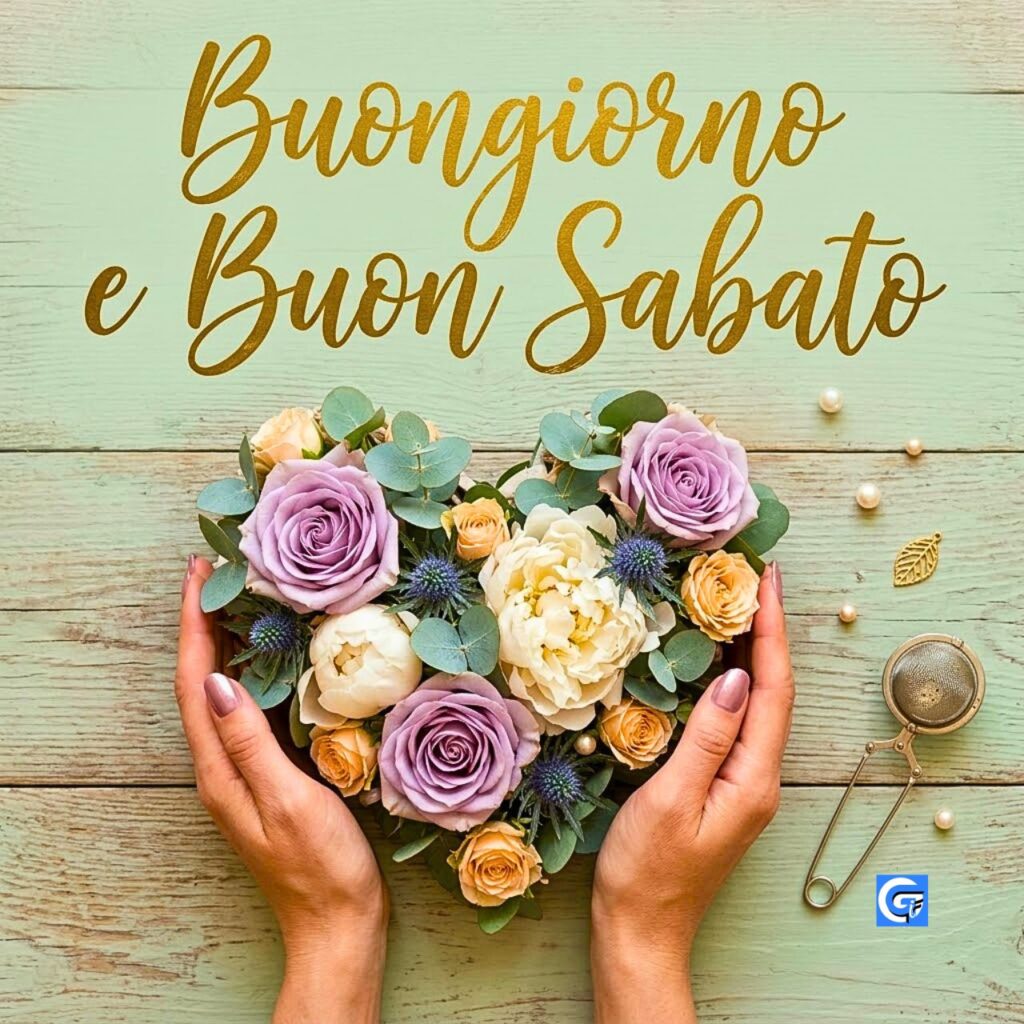 Cuore di fiori lavanda e crema tenuto da mani realistiche con testo Buongiorno e Buon Sabato