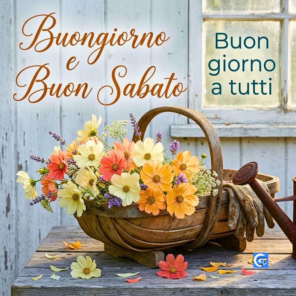 Cesto rustico con cosmo e lavanda. Testo: Buongiorno e Buon Sabato e Buon giorno a tutti