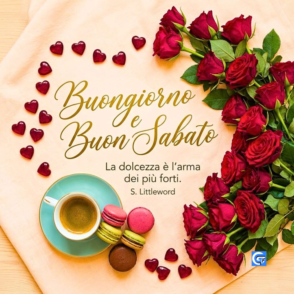 Mazzo rose rosse, caff&egrave;, macarons e cuori. Scritta 'Buongiorno e Buon Sabato' e citazione