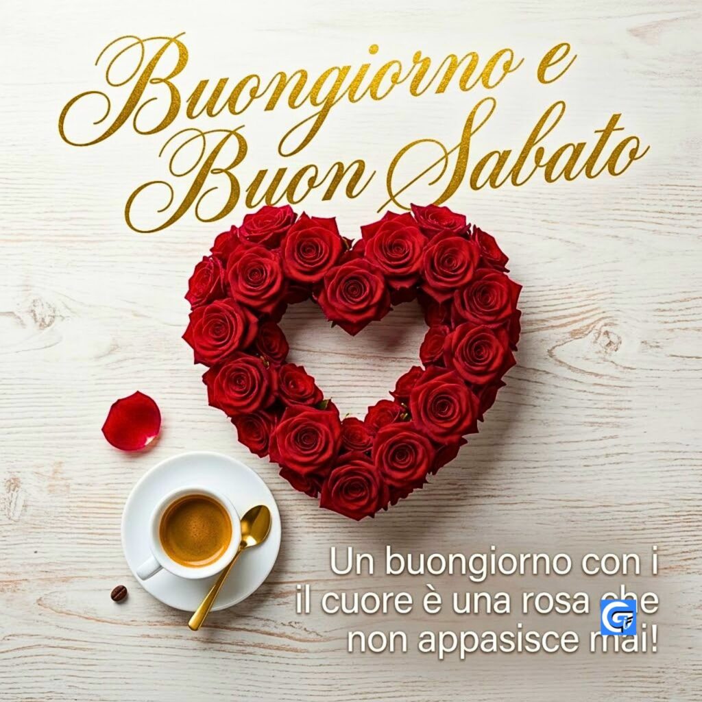 Cuore organic di rose rosse, tazzina espresso su marmo, testo Buongiorno e Buon Sabato e citazione